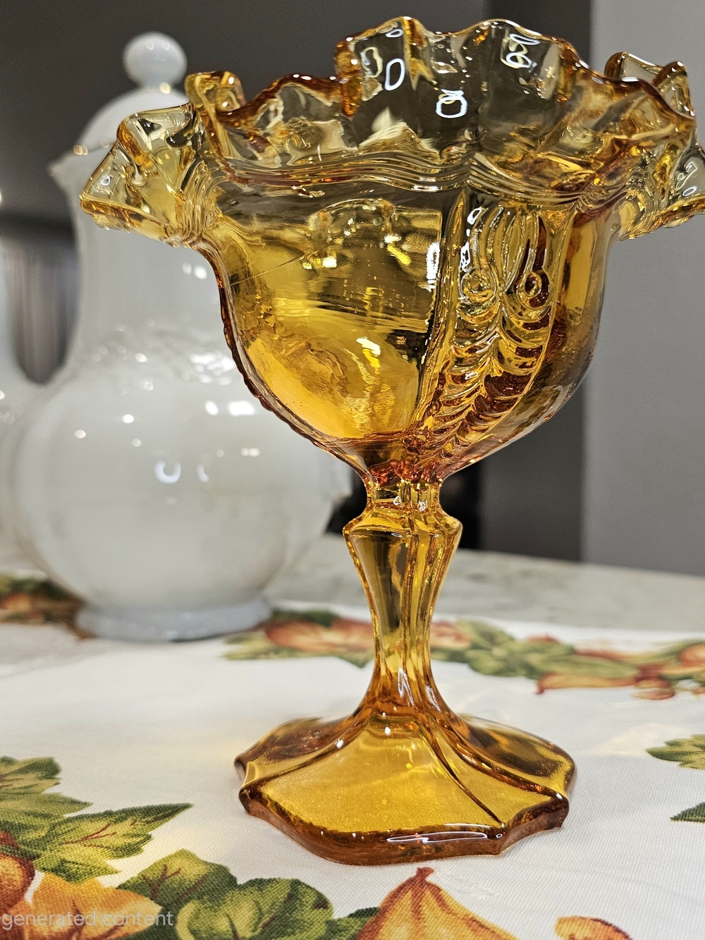 Vintage Westmoreland Princess Feather Golden Sunset Amber Glass Ruffled Compote